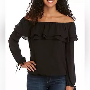 MICHAEL Michael Kors Ruffle Off The Shoulder Peasant Blouse Black Size P/S